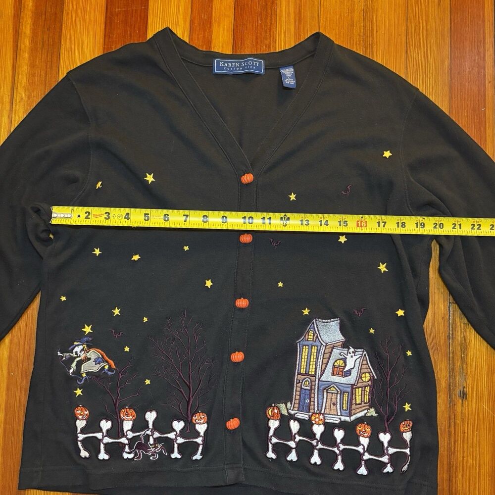 Vintage Karen Scott Halloween Embroidered Cardigan Sweater Skeleton Ghost L - Picture 5 of 9